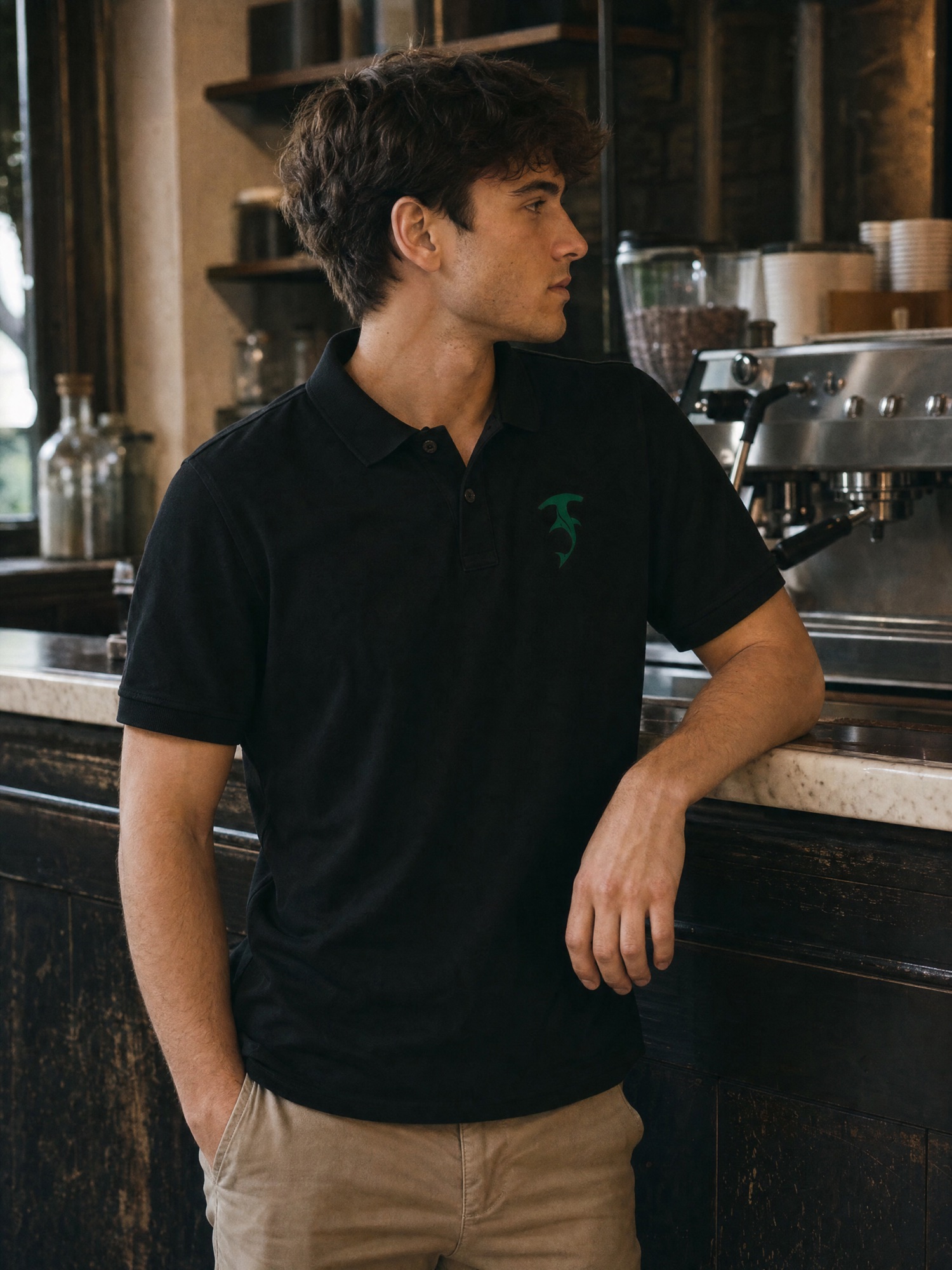 A black Tirreno polo worn at a neighborhood café