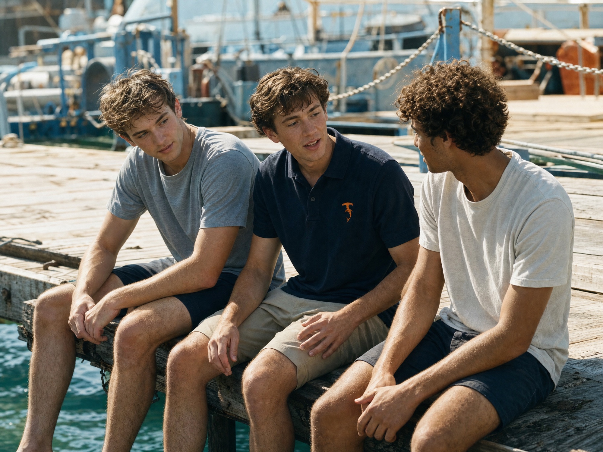 Friends gathered at a working harbor, one wearing Tirreno