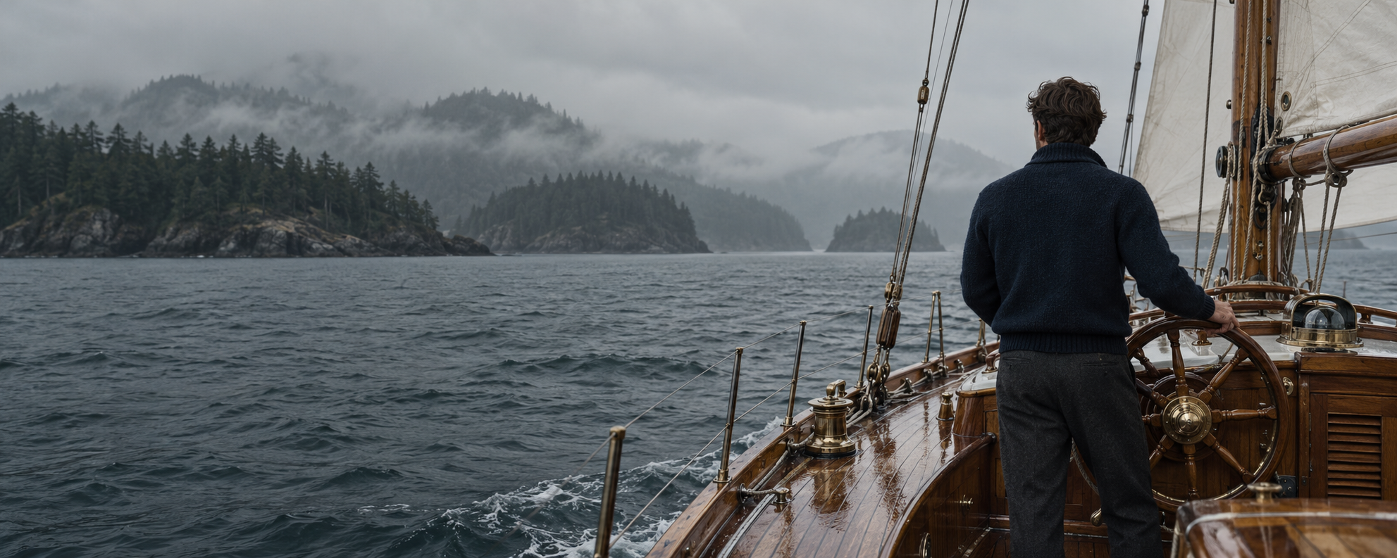 A wooden sailing yacht crossing foggy Pacific Northwest waters